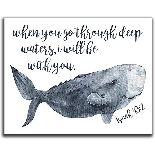 Religious Wall Decor For Nursery - 14x11" UNFRAMED Print - Isaiah 43-2 Bible Verse Wall Decor - Watercolor Whale Wall Art - Inspirational Quotes Wall Decor