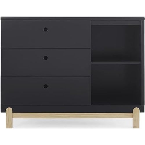 Delta Children Poppy 3 Drawer Dresser with Cubbies, Midnight Grey/Natural