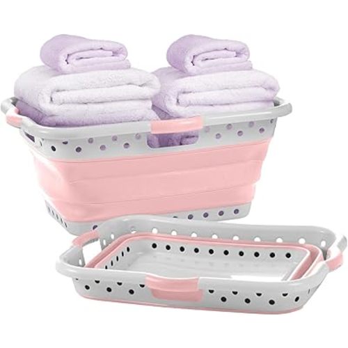 Pop & Load Collapse & Store 1 Large 25" Slim Collapsible Plastic Laundry Basket, Space Saving Portable Pop Up Storage & Organization Basket, 3" High When Folded, 3 Comfort Grip Handles, Blush Pink