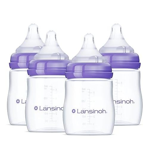 Lansinoh Anti-Colic Baby Bottles for Breastfeeding Babies, 5 Ounces, 4 Count, Includes 4 Slow Flow Nipples, Size S