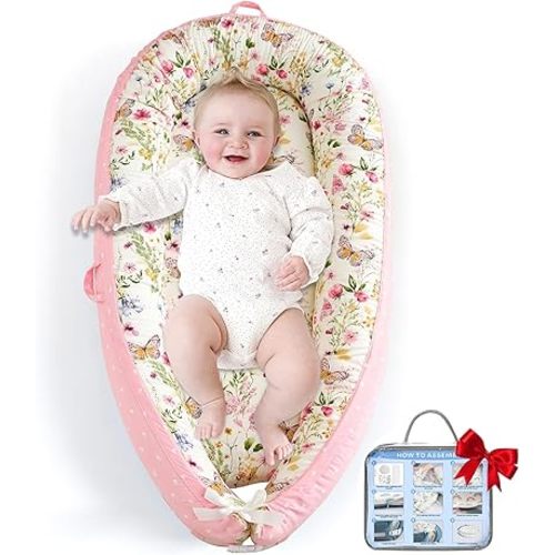 Baby Lounger for Newborn, Infant Lounger for Playtime, Detachable 0-18 Months Infant Nest, Portable Baby Floor Seats & Loungers, Tummy Time Pillow Travel Essentials Must Haves Newborn Gifts