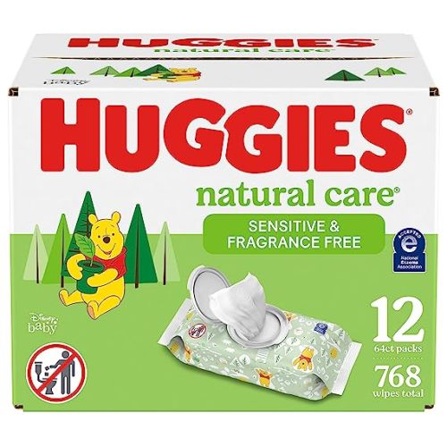 Huggies Natural Care Sensitive Baby Wipes, Unscented, Hypoallergenic, 99% Purified Water, 12 Flip-Top Packs (768 Wipes Total), Packaging May Vary - 768 Count (Pack of 12)