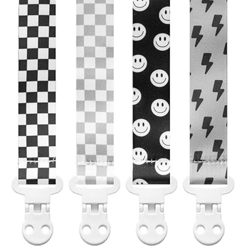 Baby Pacifier Clip Holder - Boy and Girl Unisex 4 Pack Gift Set – Neutral Retro Checker Smiley Bolts Black Gray