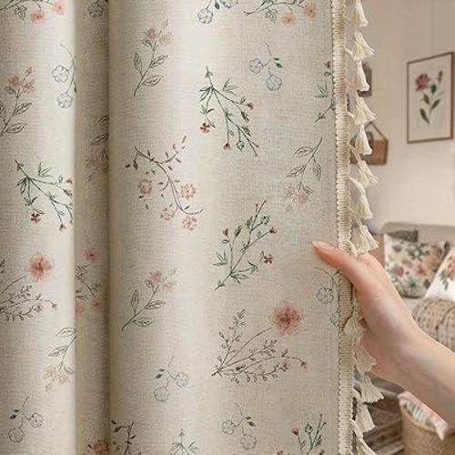 Floral Blackout Curtains Print 84 Inch Length 2 Panels Set Linen Farmhouse Curtains Boho Beige Tassel for Living Room Bedroom Vintage Rustic Western Window Panels Rod Pocket Drapes Patterned