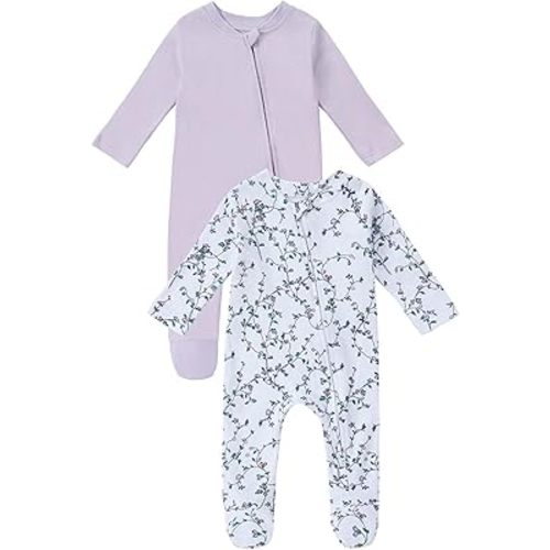 Baby Pajamas for Boys Girls, 2-Pack, Two Way Double Zipper Sleeve Footie Romper Clothes with Floral Design, 3-6 Month Sleeper & 100% Cotton PJs for Newborn