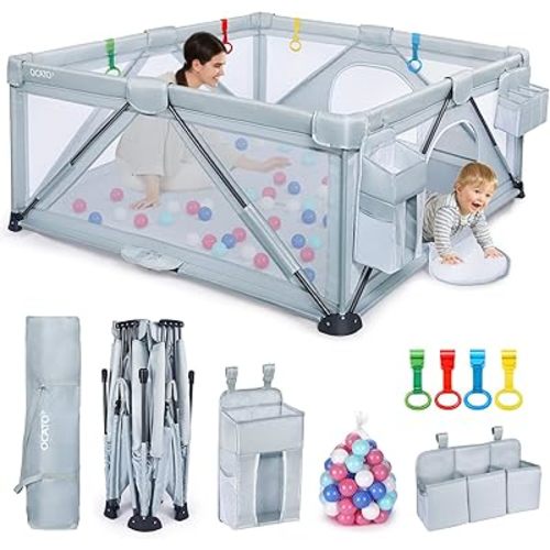 Baby Playpen: Foldable Playpen for Babies and Toddlers Large Play Pen Portable Playpen Fence Indoor Outdoor Kids Safety Area Travel Play Yard with 2 Storage Bags 4 Handlers 50 Balls (59" × 59")
