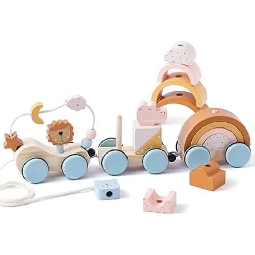 Wooden Train Toys Set Wooden Stacking Train for Toddler Animal Train Toy Montessori Toys for 1 2 3 Boy Girl Christmas Birthday Gift