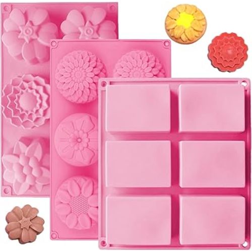 3 Pack Silicone Soap Molds, 6 Cavities Flower Making Mold, Included Rectangle Shape Supplies, Perfect for Handmade Soaps, Homemade Chocolate