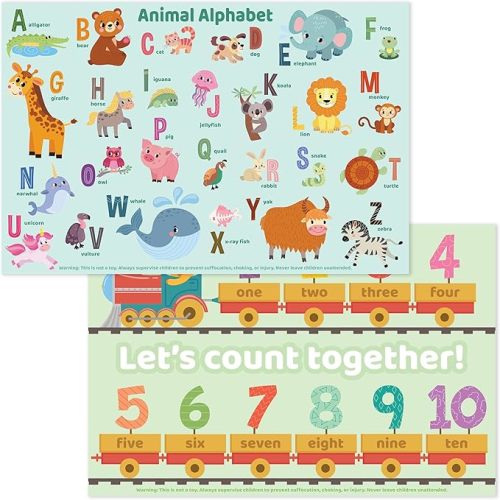Bright Seed Disposable Placemats for Baby, Toddlers and Kids, 40 Disposable Baby Placemats for Restaurant, Dining Table & Travel, Learning Placemats for Kids, Toddler Travel, Animals ABC & Numbers