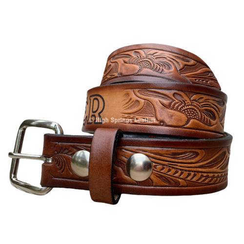 Kid Name Belt - Western Embossed 929 Brown Leather Belt Custom Engraved for boys and girls