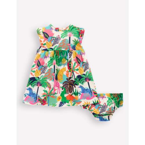 Jersey Frill Sleeve Dress-Coconut Milk Multi Jungle