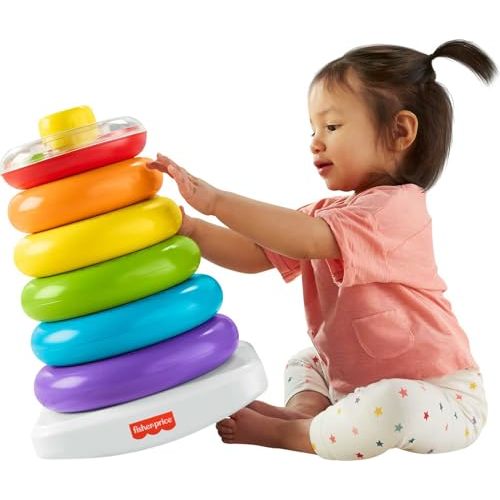 Fisher-Price Toddler Toy Giant Rock-A-Stack, 6 Stacking Rings with Roly-Poly Base for Ages 1+ Years, 14+ Inches Tall