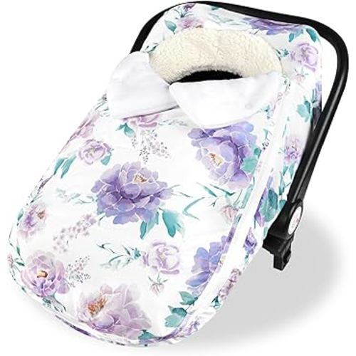 Winter Car Seat Cover for Baby Girl Boy, Super Warm Plush Fleece Baby Winter Essential for Stroller Skip Hop Car Seat, Double Sides Zipper Winter Car Seat Canopy for Infant Purple Floral