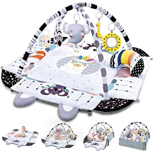 Baby Gym Play Mat, 5-in-1 Tummy Time Mat & Activity Gym, Washable Ball Pit, Infant Play Mat with Detachable Toys for Sensory Exploration and Motor Skill Development
