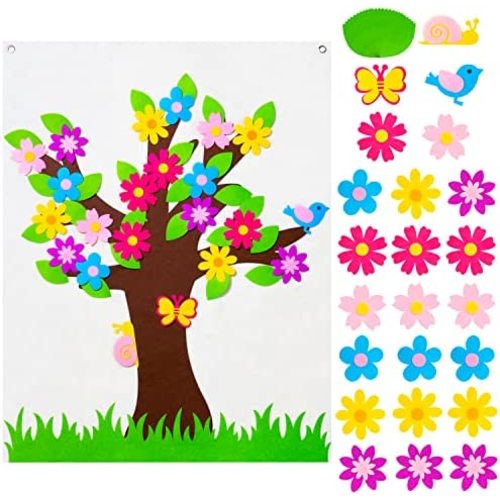 WATINC 49Pcs DIY Spring Tree Felt Board Craft Kit, Flower Leaf Butterfly Snail Bird Detachable Ornaments Spring Party Decoration for Kids, Activity Creative Game Wall Hanging Decor for Home Classroom
