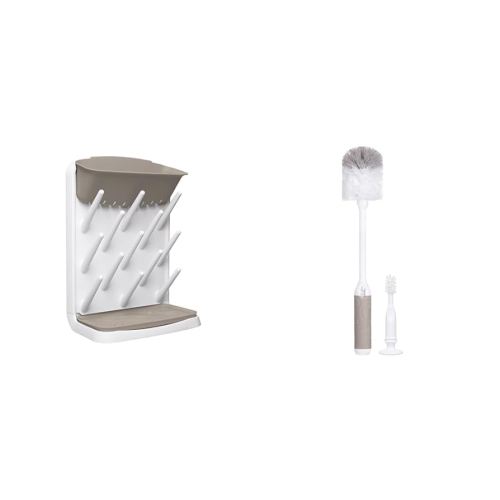 Ubbi 13-Peg Baby Bottle Drying Rack and Bottle Brush Set with Nipple Brush, Taupe