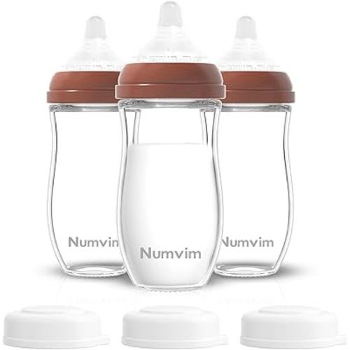 Natural Glass Baby Bottles Set, Gentle Medium Flow, Anti Colic Bottles for 3 + Months Breastfed Babies, 3 Packs (Brown, 8oz)