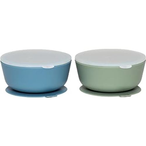 WeeSprout Suction Bowls for Baby & Toddlers (Set of 2) - 100% Silicone w/Plastic Lid - Leak Proof Feeding Supplies - Dishwasher & Microwave Safe Infant Dinnerware w/Extra Strong Base