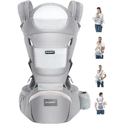 KIYUMI Baby Carrier with Hip Seat, 6- in-1 Baby Carrier Newborn to Toddler, Ergonomic M Position, Head Support and Breathable Mesh,Adjustable Removable Baby Sling Carrier (7-45 lbs), Grey