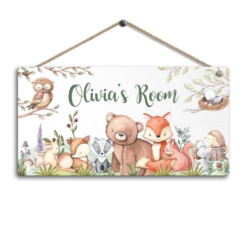 Personalised Room Sign with Childs Name - Woodland Animal Theme. Gloss Metal Wall Art. Baby, Toddler, Infant Bedroom.
