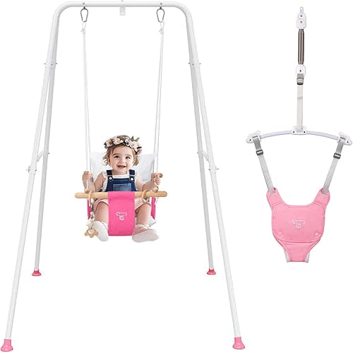 2 in 1 Baby Jumper with Toddler Swing, Baby Jumpers and Bouncers,Indoor Outdoor Toddler Swing Set(Pink)
