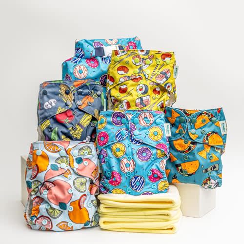 Kinder Cloth Diapers Set of 5 Reusable Baby Diapers Pocket Style Athletic Wicking Jersey, Bamboo Viscose Inserts, Wet Bag, Newborn to Potty Training 7-60lbs, One Size (Foodie)