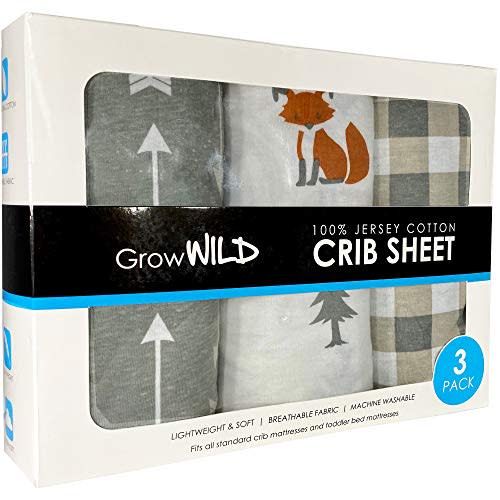 GROW WILD Crib Sheet 3 Pack | 100% Cotton, Jersey Soft Fitted | Grey Baby Crib Sheets for Boys | Woodland Nursery or Toddler Bed Sheets