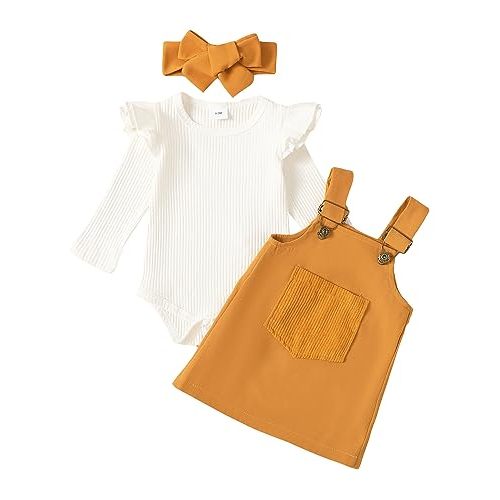 Kucnuzki Newborn Baby Girl Clothes Toddler Long Sleeve Ruffle Romper Top Infant Skirt Set Little Girl Overall Dress