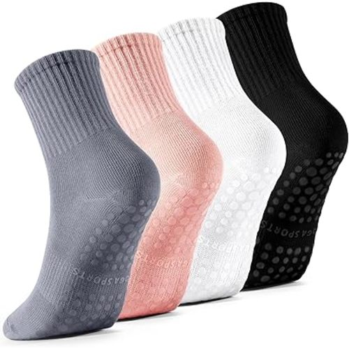 4 Pairs Pilates Socks with Grips for Women, Barre Yoga Grippy Socks, Womens Non Slip Pilates Crew Sticky Socks