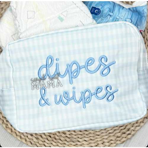 Blue Gingham &quot;Wipes & Dipes&quot; Bag | Embroidered Boy Diaper Pouch, Diaper Bag Organizer, Baby Shower Gift