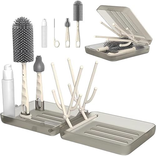 Mombasics Bottle Cleaning Kit – BPA Free Brush Set, 6 in 1 Travel Bottle Cleaner Kit with Silicone Brushes for Bottle, Breast Pump, Straw, Nipple - Portable Bottle Washing Kit