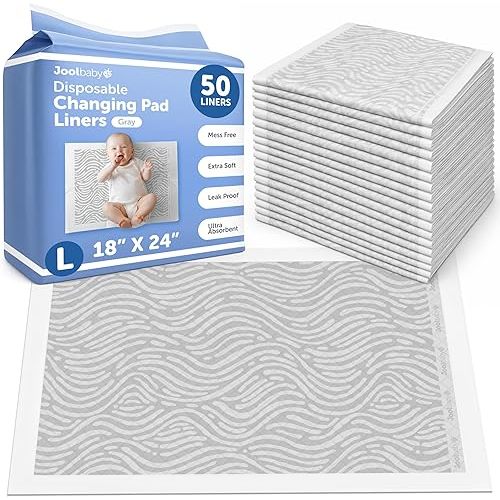 Jool Baby Disposable Changing Pad Liners for Baby (50 Count) Ultra-Absorbent Pee Pads to Protect Surfaces At Home or On the Go – Leakproof & Super Soft - Gray