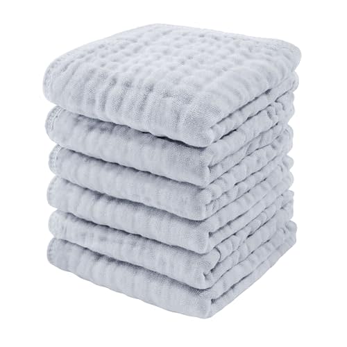 Comfy Cubs Muslin Baby Washcloths 6 Pack - Soft 6-Layer Cotton Wash Cloths for Sensitive Skin - 10"x10" Large, Gentle, Absorbent Infant Essentials for Newborn and Toddlers - Slate