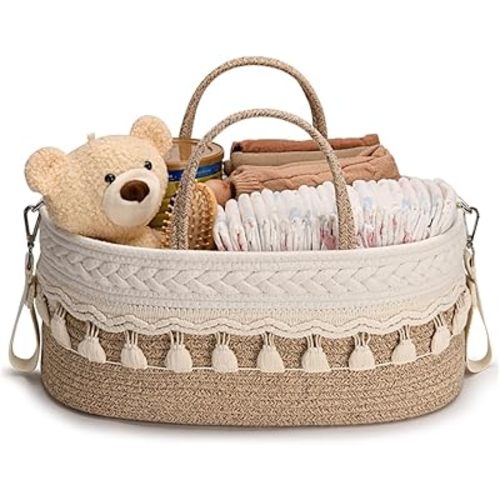 SEBRAM Baby Diaper Caddy Organizer, Stylish Storage Basket for Newborn Essentials and Diaper Station, Gift for Baby Shower, Beige