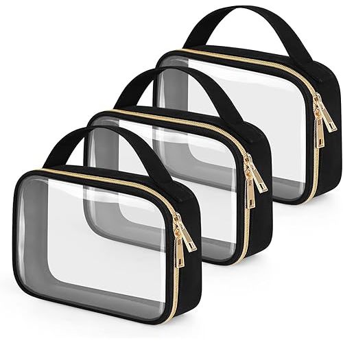 Wedama TSA Approved Toiletry Bag, 3 Pack Clear Makeup Bags with Handles, Quart Size Clear Toiletry Bags, PVC Cosmetic Bags for Women and Men, Carry on Airport Airline Compliant Bag, Black