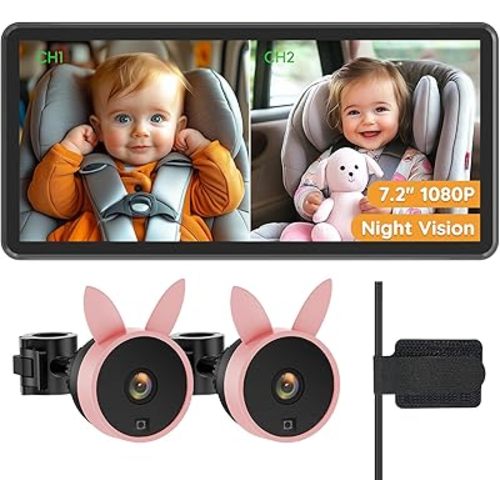 Baby Car Camera for 2 Kids - 7.2" Large HD Display Dual Car Camera Baby Monitor, 1080P IR Night Vision, Easy Install & Secure Rear-Facing View-Pink