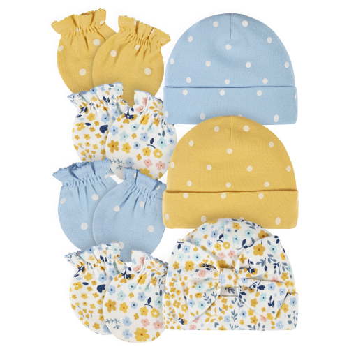 Gerber Baby Girl Caps & No Scratch Mittens Bundle, 7-Piece (Newborn-0/3 Months)