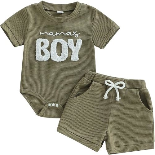 Douhoow Baby Boy Summer Outfits Short Sleeve Mamas Boy Little Dude Embroidery Boy Romper Shorts Set Infant Waffle Clothes