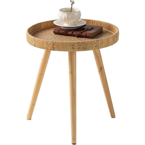 Round Side Table, Boho Circle End Table Coffee Table with Solid Wood Leg, Rattan Side Tables Living Room for Small Spaces, Bedroom, Corners