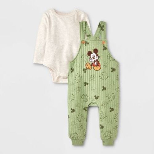 Baby Boys' 2pc Disney Mickey Mouse Long Sleeve Bodysuit & Overalls Set - Green 6-9M