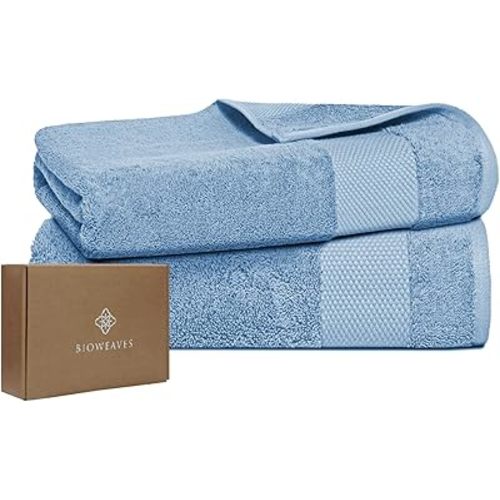BIOWEAVES 100% Organic Cotton 700 GSM Plush Bath Towels 30" x 58" GOTS Certified - Cerulean Blue, Pack of 2
