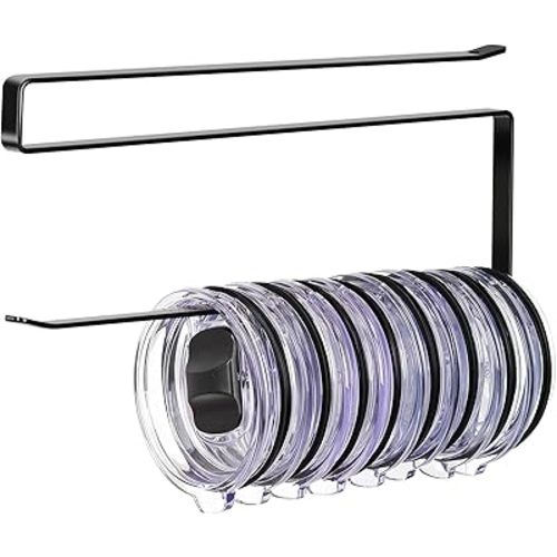 Tumbler Lid Organizer, Horizontal Tumbler Lid Storage Hook Up to 10 Lids, Space Saving Cup Lid Holders Under Cabinet Tumbler Lid Hook for Kitchen Organizer and Storage, Paper Towel Rack Hanger (White)