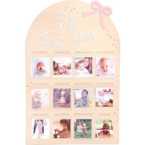 WAUAO Bow My First Year Birthday Board - One Year Of Photo Board,Monthly Milestone Wood Photo Board,First Birthday Decorations Girl,12 Months Photo Banner