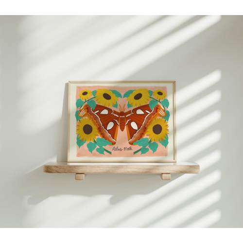 Atlas Moth and Sunflower Illustration | Hand Drawn Insect Wall Art | Nature Lover Gift