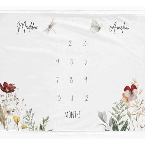 Twins Wildflower Milestone Blanket - Milestone Blanket for Girls - Twins Baby Shower Gift - Personalised Baby Gift