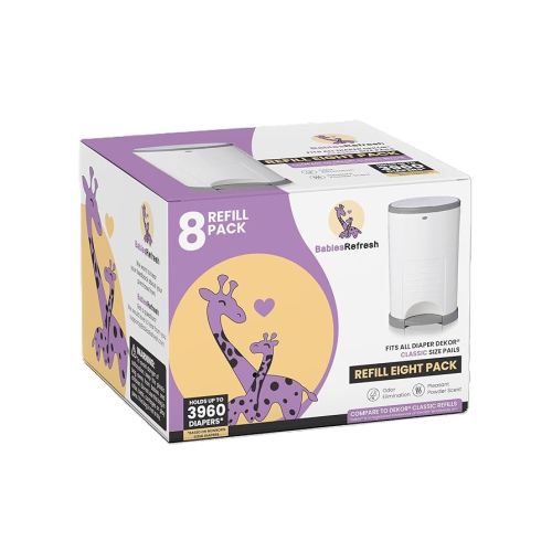 Refills Compatible with DEKOR CLASSIC Diaper Pail Refills | 8 Pack | Diaper Pail Odor Eliminator| Fresh Powder Scent | Each Diaper Bag Refill Holds up to 3960 Diapers | Diaper bin refill