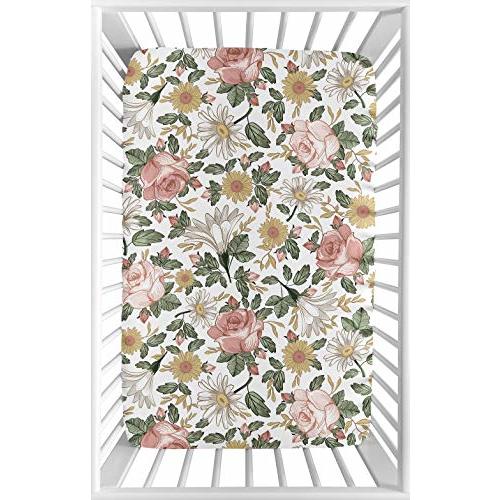 Sweet Jojo Designs Vintage Floral Boho Girl Fitted Mini Crib Sheet Baby Nursery for Portable Crib or Pack and Play - Blush Pink, Yellow, Green and White Shabby Chic Rose Flower Farmhouse