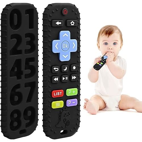 Teething Relief Teethers Toys for Babies 3-6 12 Months Gifts, Silicone Remote Control Baby Teether Bath Toys for Newborn Infant Boy Girl Autism Essentials, Food Grade Silicone Sensory Toys, Black