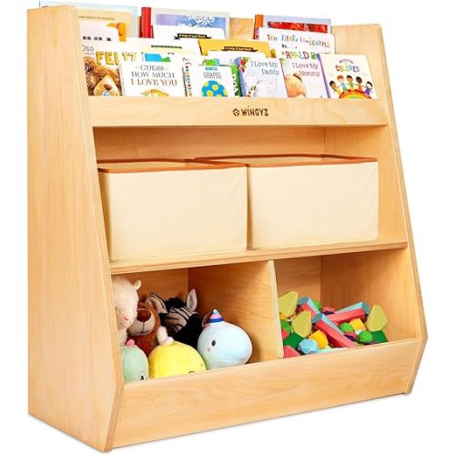 wingyz Kids Toy Storage Organizer with Bookshelf, Montessori Wooden Storage Cabinet, 4 Compartment Toddler Bookcase, 3 -Tier Book Toy Shelves for Kids, Playroom, Nursery, Classroom