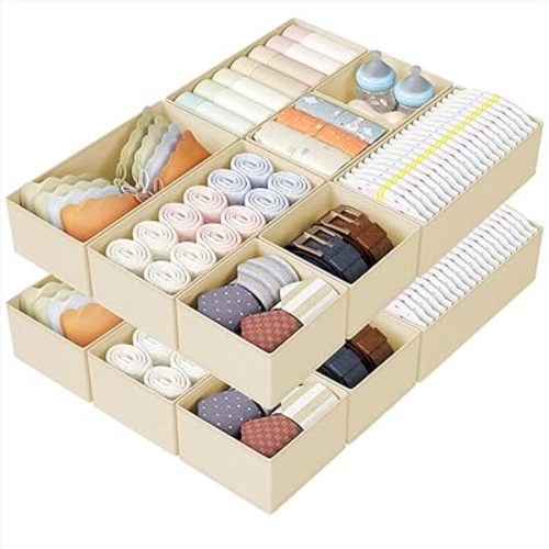 DIMJ Drawer Organizers Clothes, Set of 16 Dresser Organizer Bins, Fabric Closet Organizers and Storage, Shallow Drawer Dividers for Nursery, Clothing, Baby Clothes, Socks, Underwears, Tie (Beige)